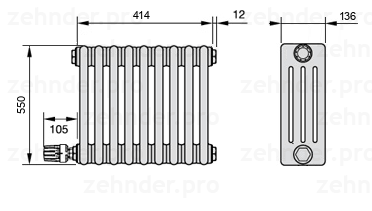 Схема (чертеж) Радиатор Zehnder Charleston 4055/9 №V004 Белый глянцевый RAL 9016